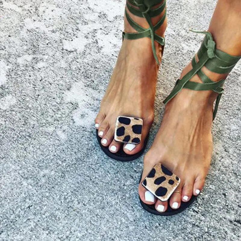 2020 Summer Women Ankle Strap Sandals Flat Clip Toe Leopard Beach Ladies Fashion Casual Comfort Female Shoes Plus Size