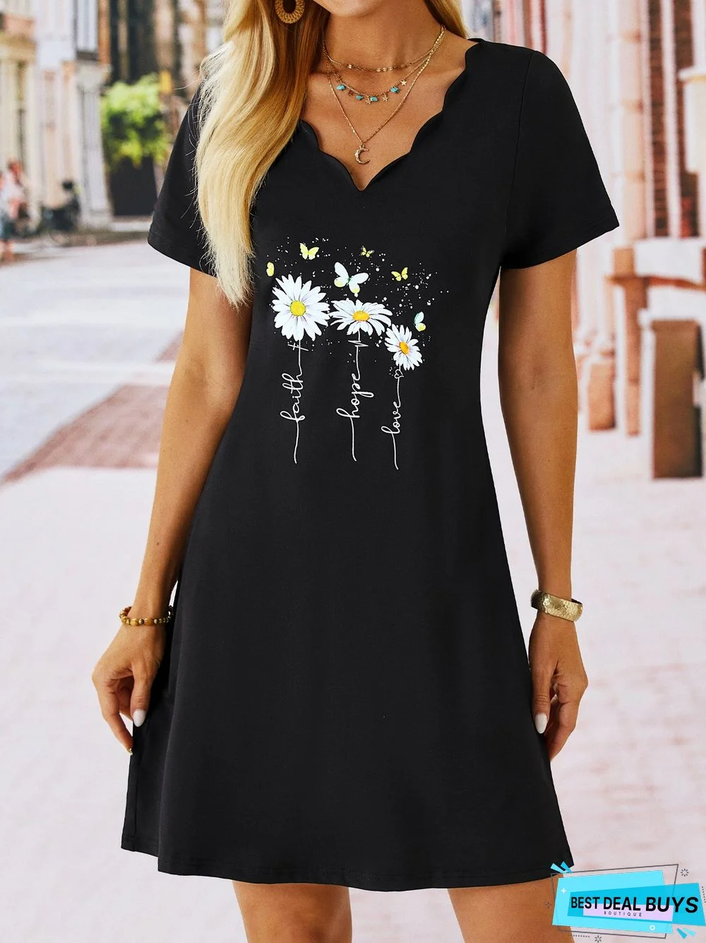 Casual Floral V neck Short Sleeve Knit Dress