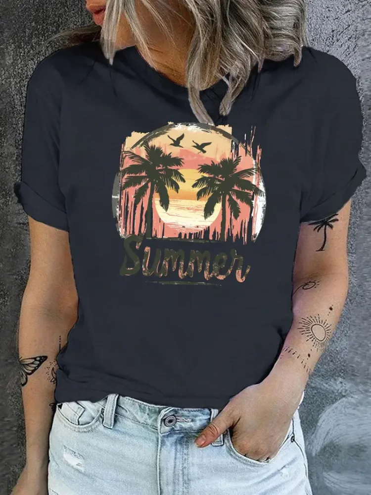 Classic Summertime Vibe Print T-shirt, Short Sleeve Crew Neck Leisure T-shirt For Spring & Summer  Women's Clothing