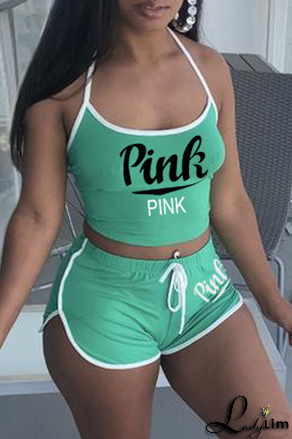 Burgundy Sexy Casual Letter Print Backless Halter Sleeveless Two Pieces