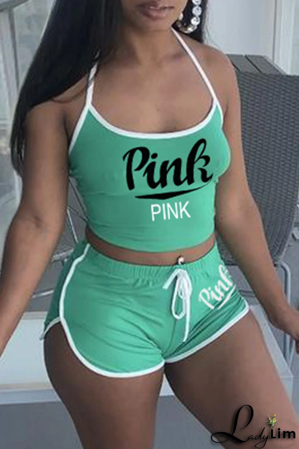 Burgundy Sexy Casual Letter Print Backless Halter Sleeveless Two Pieces