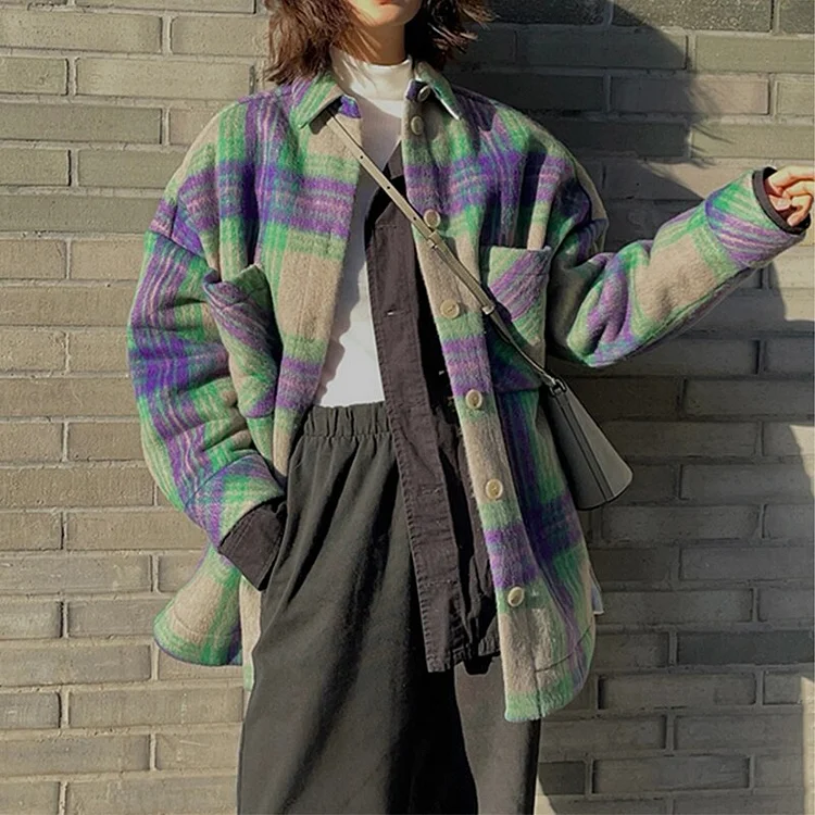 Design Loose Lapel Colorful Plaid Woolen Drop Shoulder Long Sleeve Jacket 