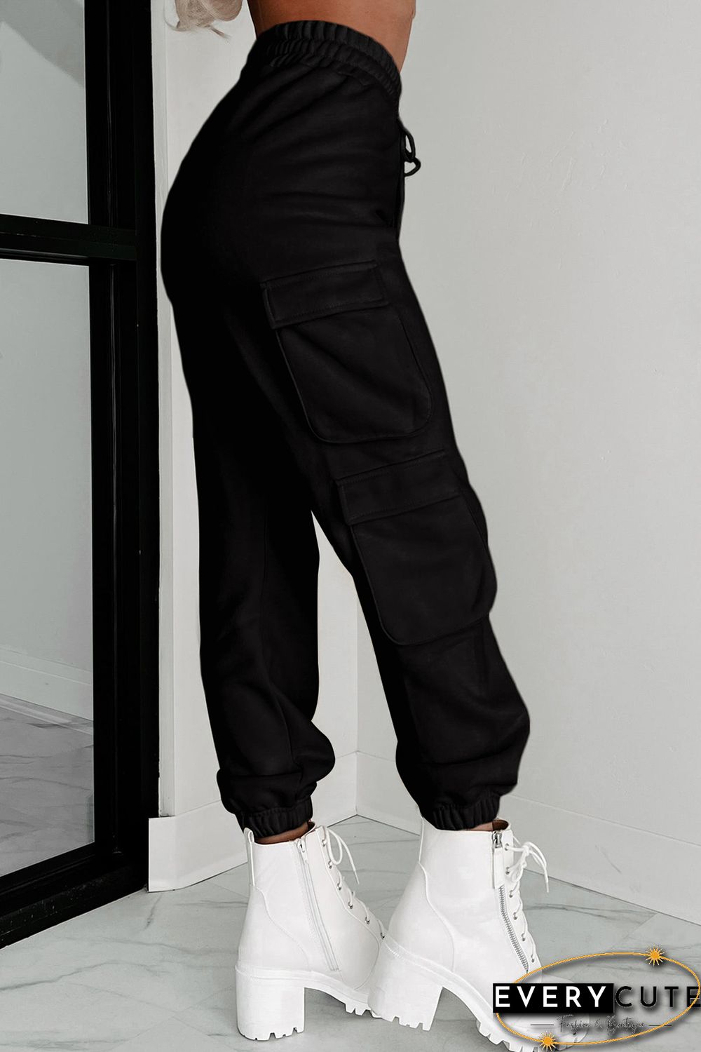 Black Drawstring Jogger Pants with Cargo Pockets