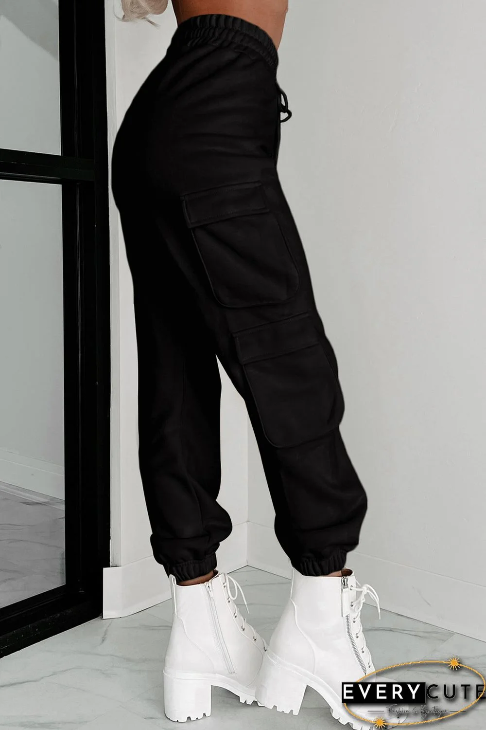 Black Drawstring Jogger Pants with Cargo Pockets
