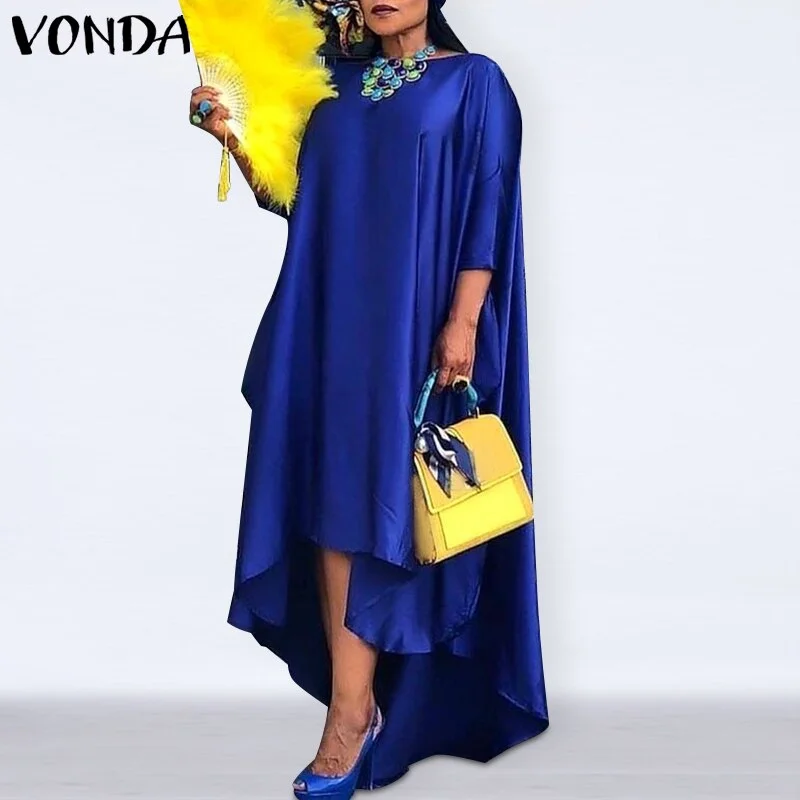 Women Casual 2/3 Sleeve Irregular Maxi Dress 2022 VONDA Robe Spring O Neck Asymmetrical Pleated Vestidos Elegant Long Sundress
