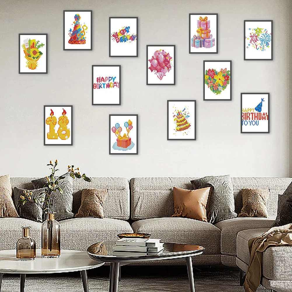 12pcs Birthday DIY Mini Round Diamond Painting Set Table Decor No Frame 15x18cm