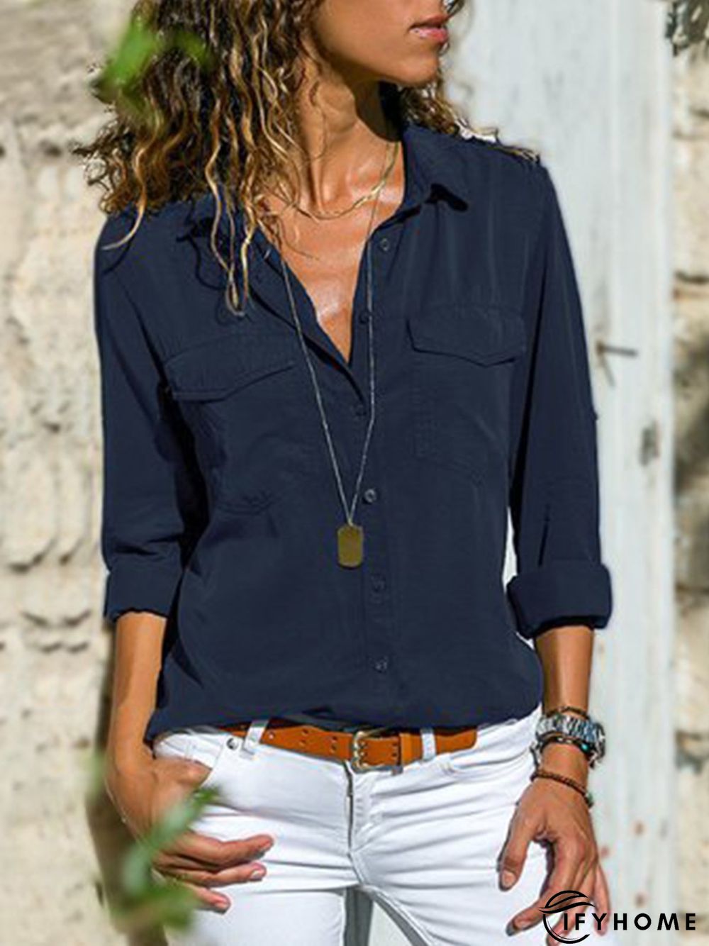 Women Fashion Turn Down Collar Solid  V Neck Long Sleeve Blouse | IFYHOME