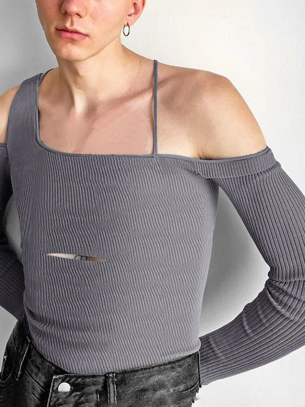 Aonga - Mens Sexy Cutout Knit Off-shoulder T-shirtI
