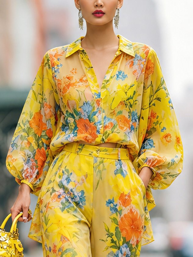 Urban Floral Printing Balloon Sleeve Shirt mysite idetrend