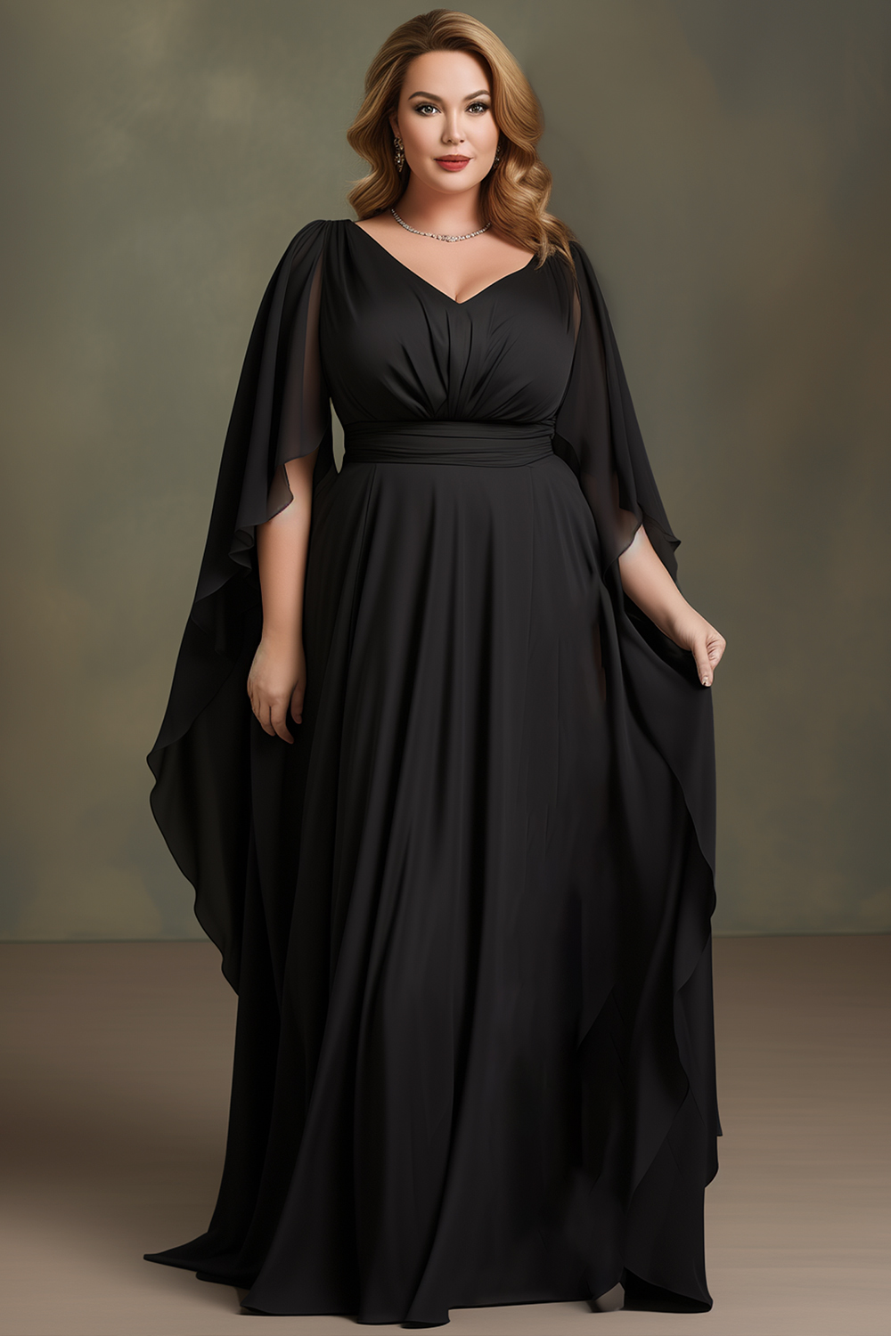 Flycurvy Plus Size Wedding Guest Black Chiffon Built-in Bra Irregular Flutter Sleeve Maxi Dress