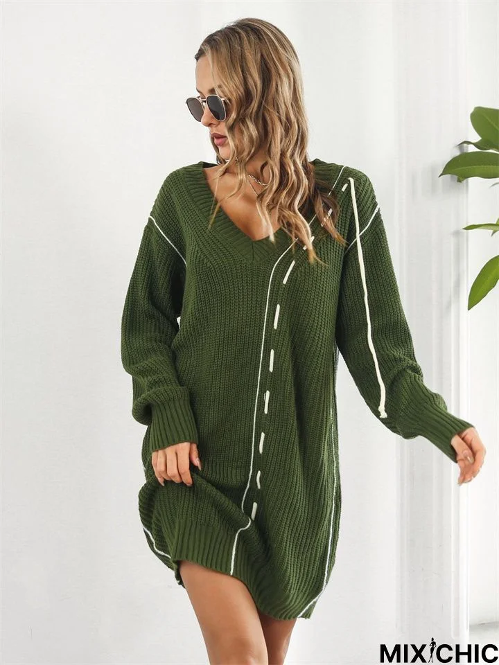 Design Drawstring V-Neck Long-Sleeved Knitted Dress