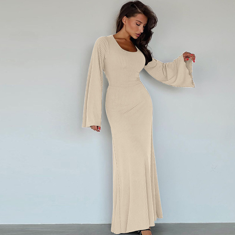 Ootddress Scoop Neck Lace-Up Ribbed Maxi Dress Female Long Sleeve Fashion Slim Loose Bandage Dress Autumn 2025 Solid Women Dress New
