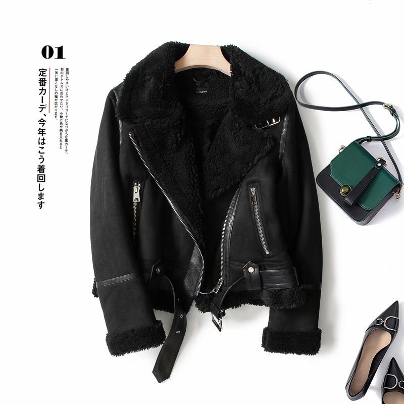Ailegogo Women Winter Faux Shearling Sheepskin Fake Leather Jackets Lady Thick Warm Suede Lambs Short Motorcycle Brown Coats