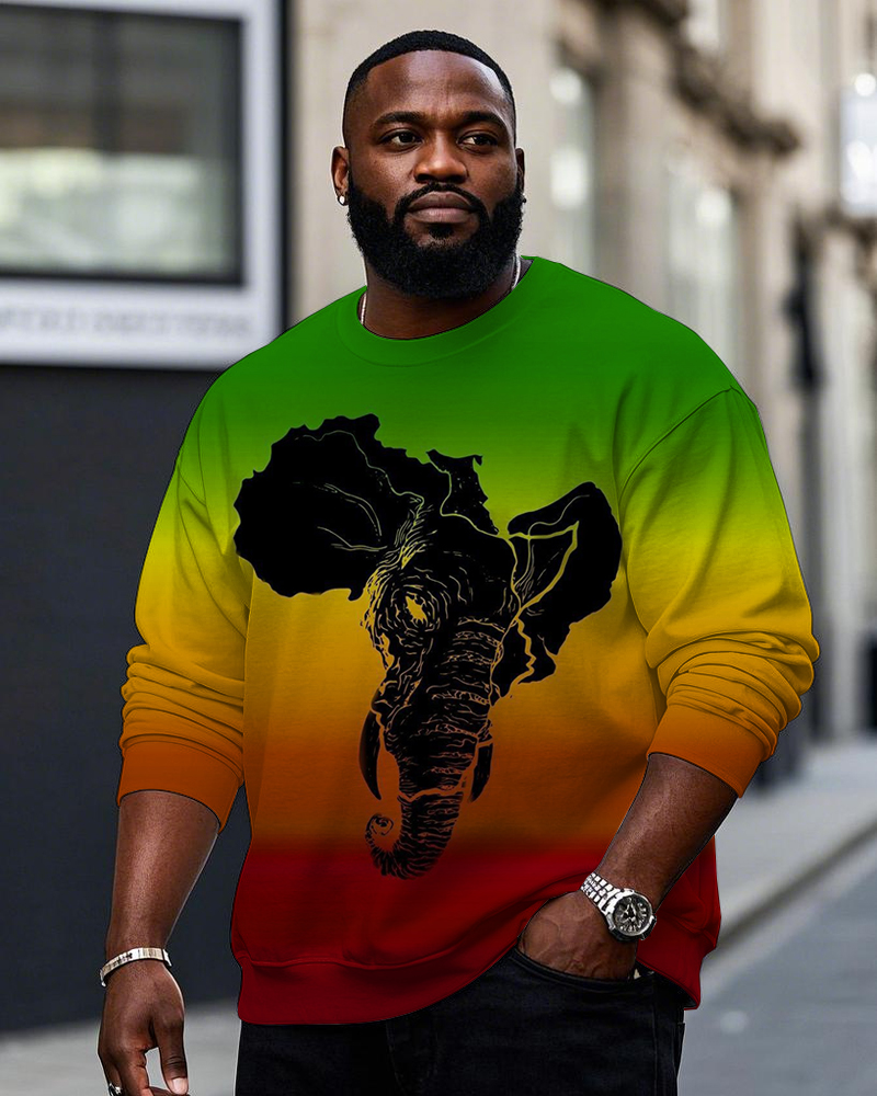 Men's Plus Size Gradient Elephant Graffiti Print Round Neck Sweat