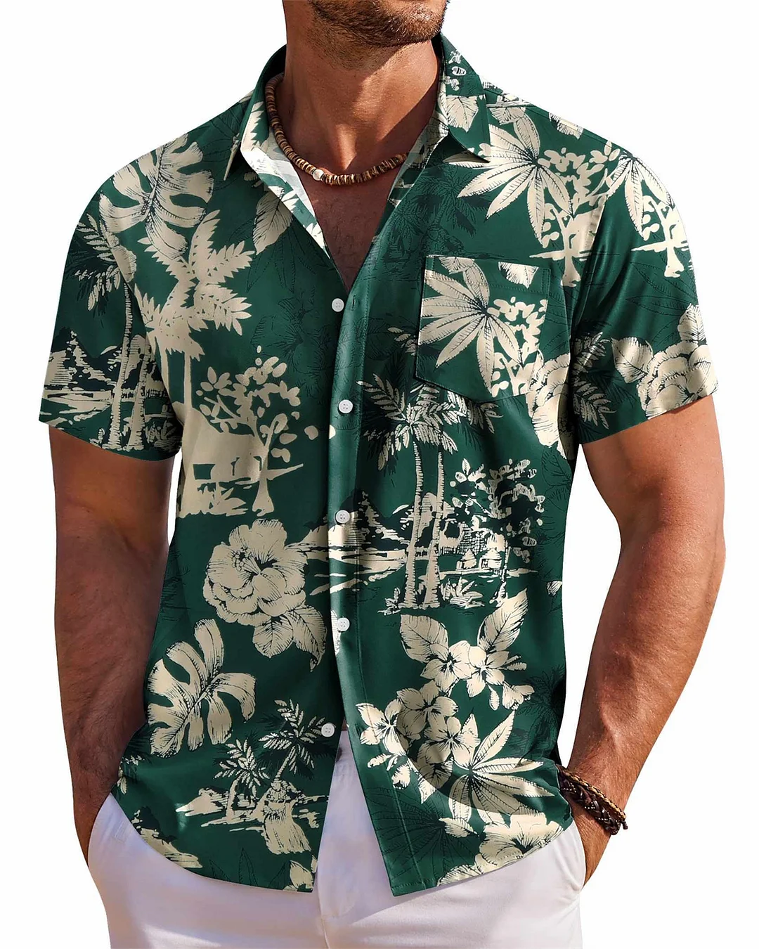 Men's Palm Leaf Hawaiian Tropical Print Casual Pocket Short Sleeve Shirt  1385