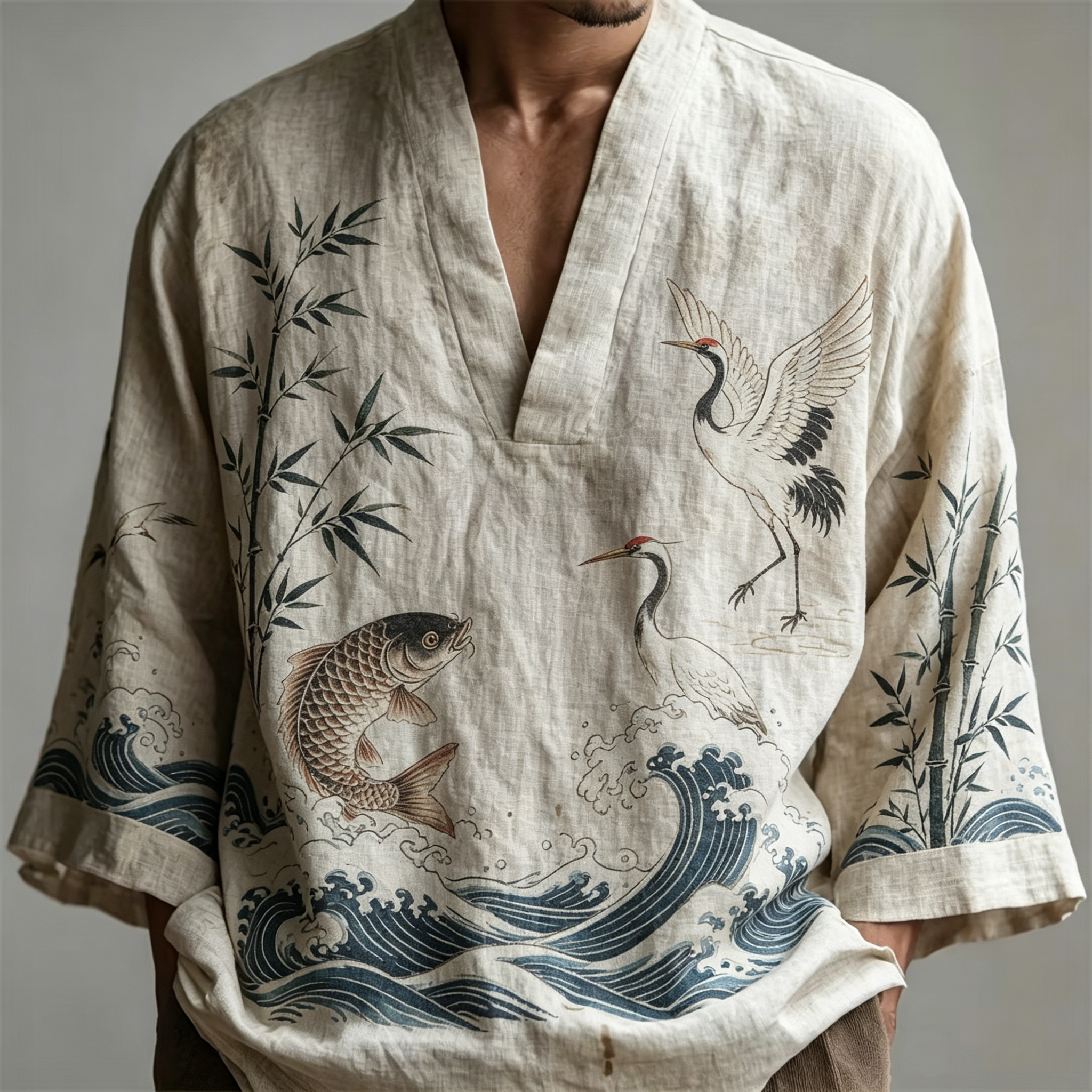 Comstylish Men's Japanese Bamboo Crane Wave Design Short-sleeve Top