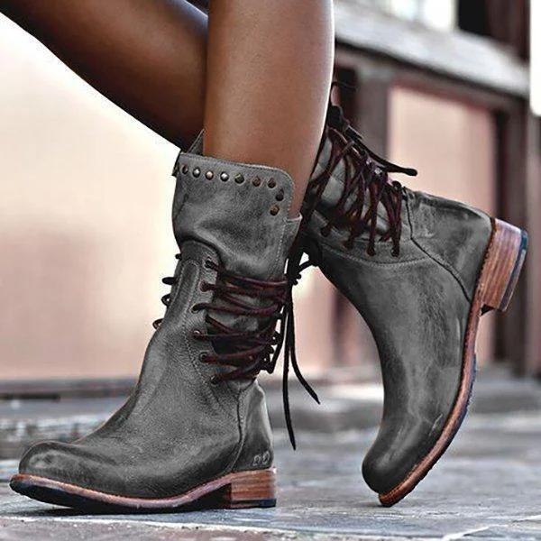 Cool Vintage Back Zipper Lace-Up Mid-calf Boots shopify Stunahome.com