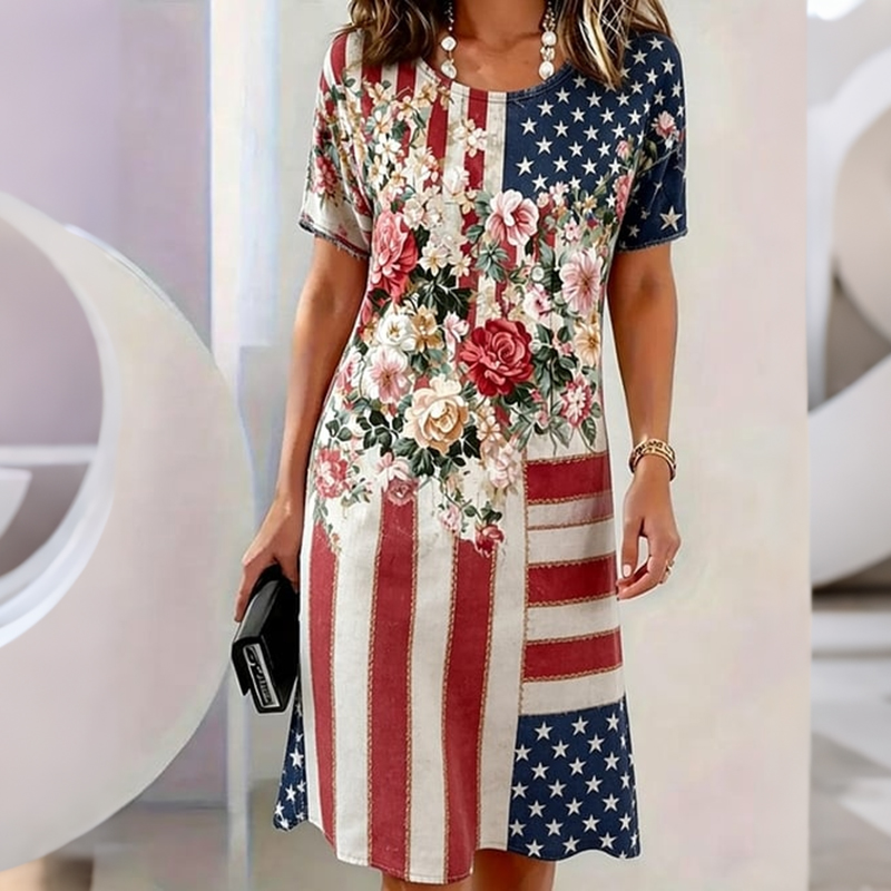  Women's Independence Day Flag And Floral Print Round Neck Midi Dress Westsshops