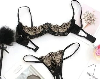 pornhint Pornhint SEXY Black Lace See Through Bra and Panty Set| Sexy Push Up Hollow Out Underwire Embroidery Cupless Bra| Sexy Lingerie Set| Lingerie
