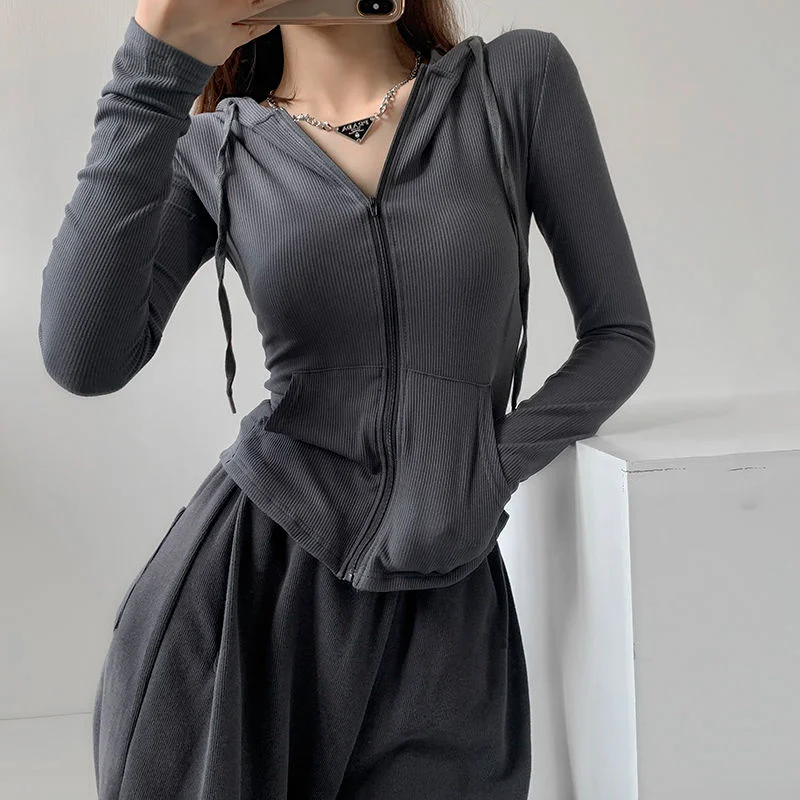 huibahe Hooded Cardigan Women Slim Zip Up Hooded Coat Gothic Streetwear Sports T Shirts Women's Grey Tight Long Sleeve Tops