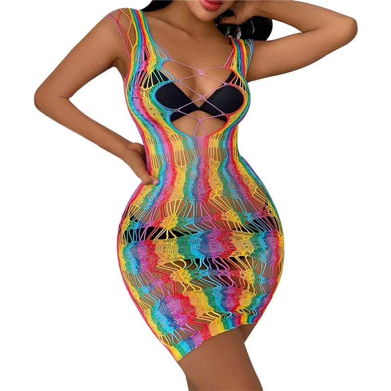 Billionm Fishnet Rainbow Strip Lingerie See Through Sexy Women Underwear Ladies Clubwear Elastic Hollow Out Tight Beachsuit Babydolls