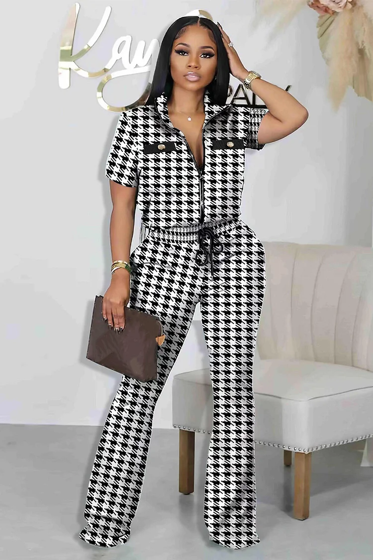 Houndstooth Pattern Short Sleeve Top Tie Up Pants Matching Set-White