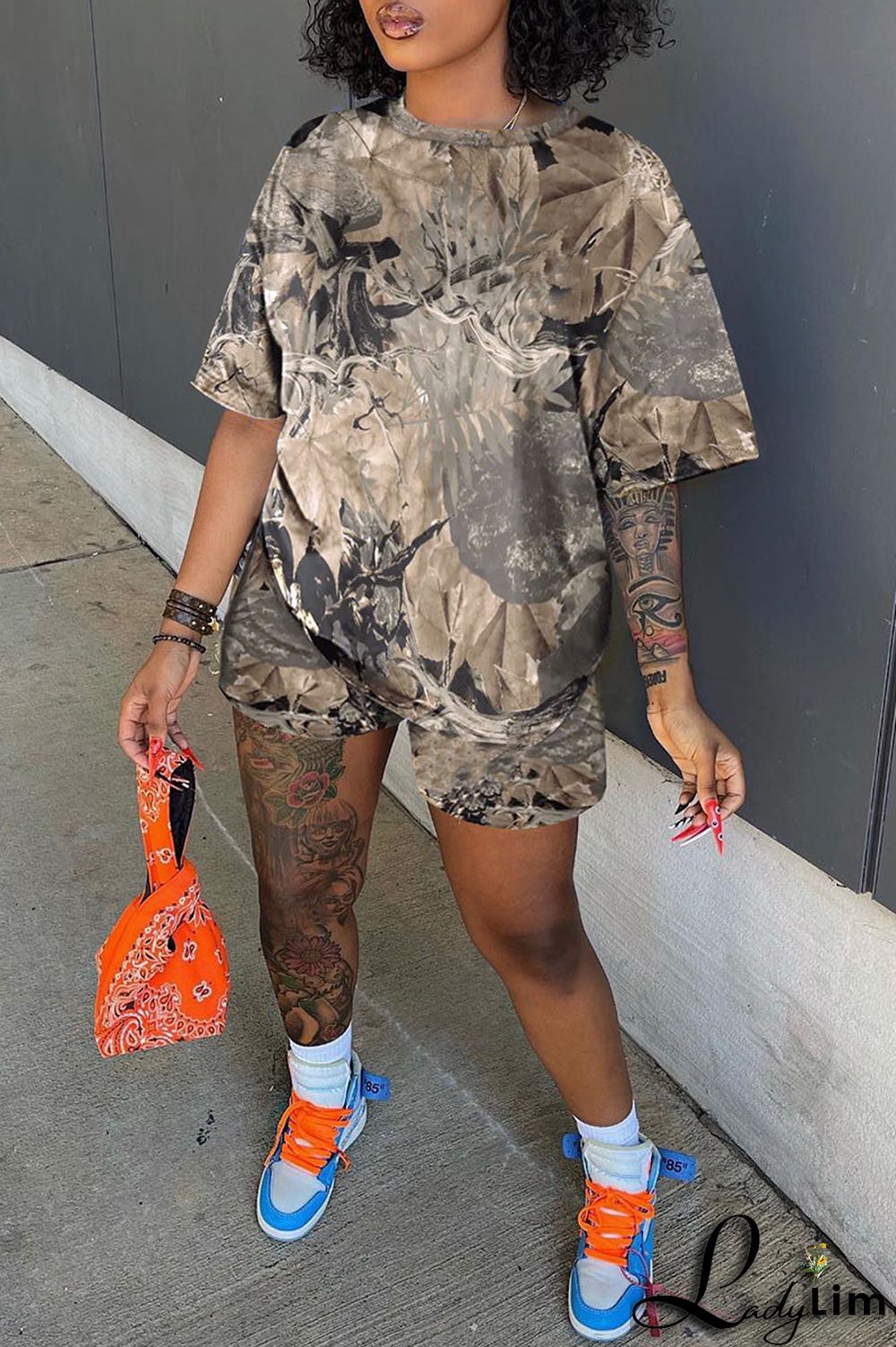 Army Green Casual Print Patchwork O Neck Short Sleeve Two Pieces