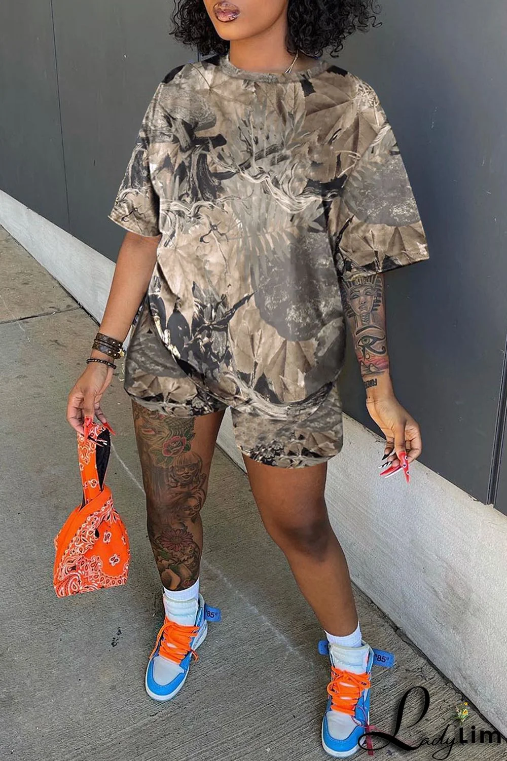 Army Green Casual Print Patchwork O Neck Short Sleeve Two Pieces