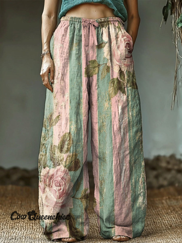 Women’s Retro Art Pattern Printed Cotton And Linen Casual Pants Multicolor / S