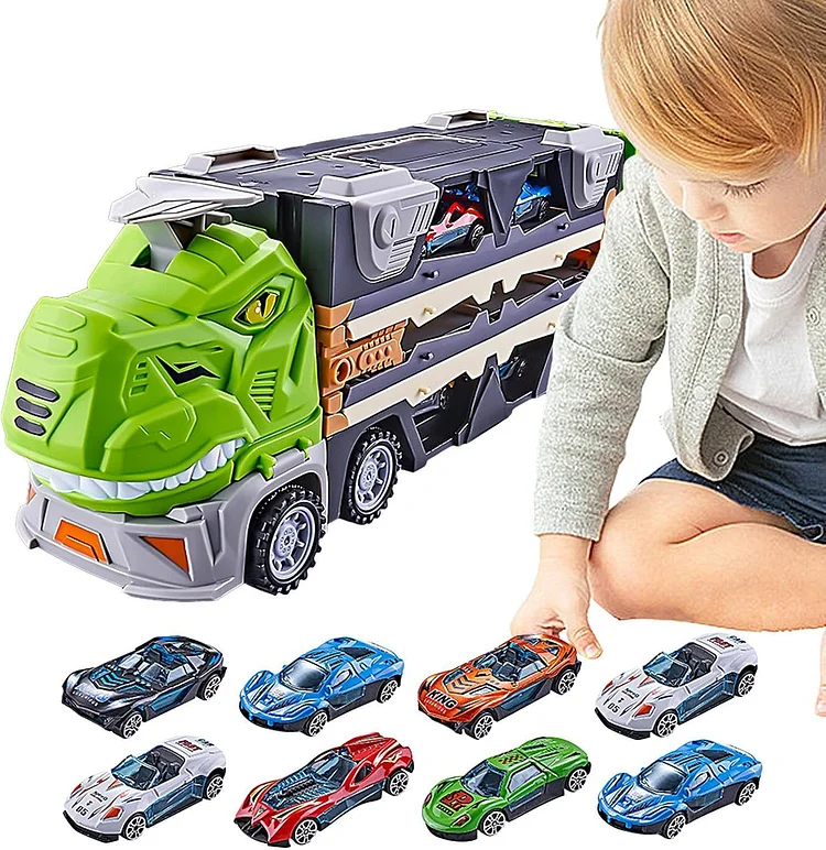 Dinosaur Truck Toys for 2 3 4 5 6 7 Year Boy Toddler, Foldable Track & 2 Player Race Mode, Light & Sound Transport Carrier W/ 8 Dino Car, Birthday Gift Idea for Kids Girls