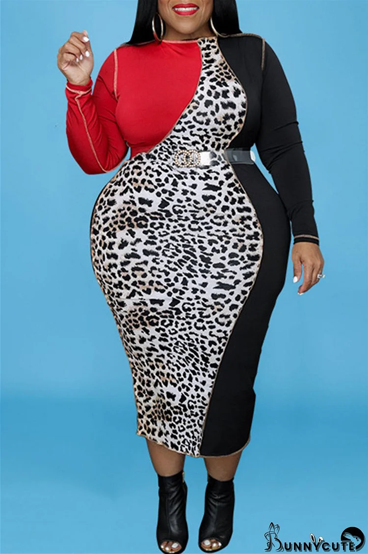 Black Fashion Casual Print Leopard Split Joint With Belt O Neck Long Sleeve Plus Size Dresses