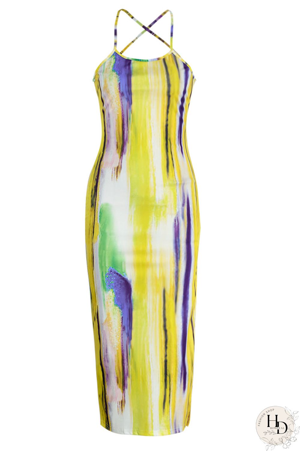 Yellow Sexy Print Hollowed Out Patchwork Slit Spaghetti Strap One Step Skirt Dresses