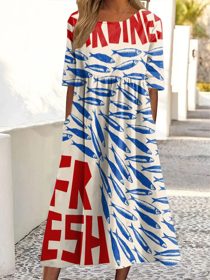 Vintage Sardines Print Round Neck Pocket Midi Dress