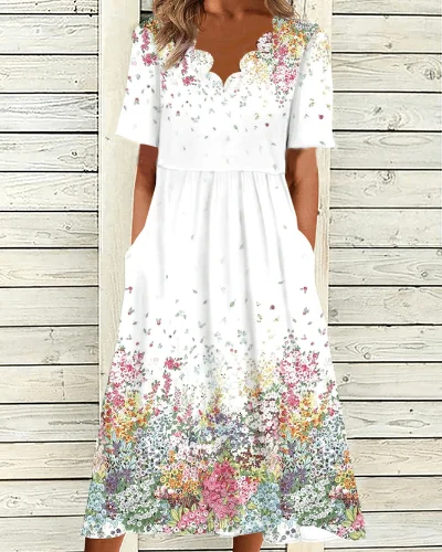 Country Style Short Sleeve Floral Printed Ruched Midi Dress 