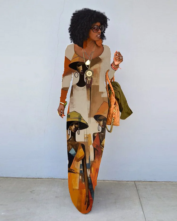 Retro Art Fashion Print Crew Neck Long Sleeve Dress