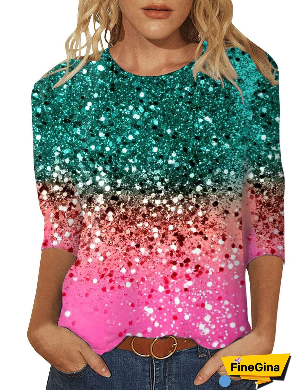 Women's Graphic Pattern Solid Color Scoop Neck 3/4 Sleeve Top