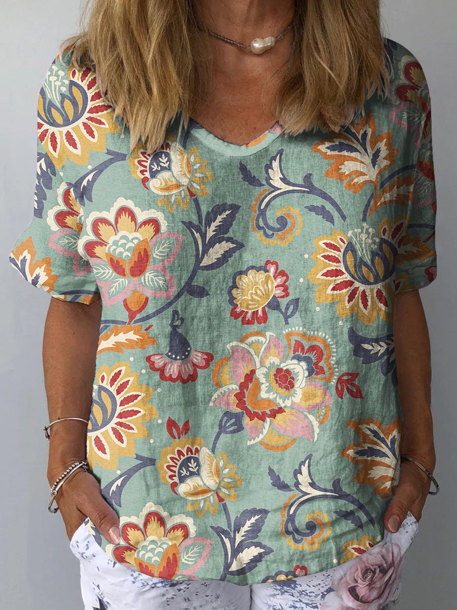 Women's  Flower Art Print Casual Cotton And Linen Shirt