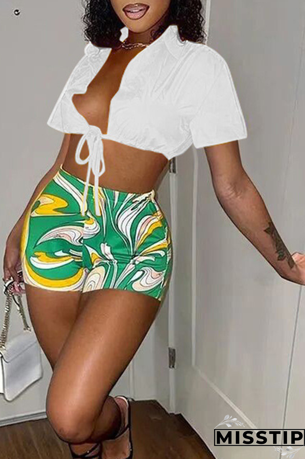 White Sexy Patchwork Patchwork Turndown Collar Short Sleeve Two Pieces