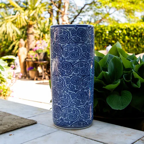 18" Oriental Cylinder Vase - Blue / White