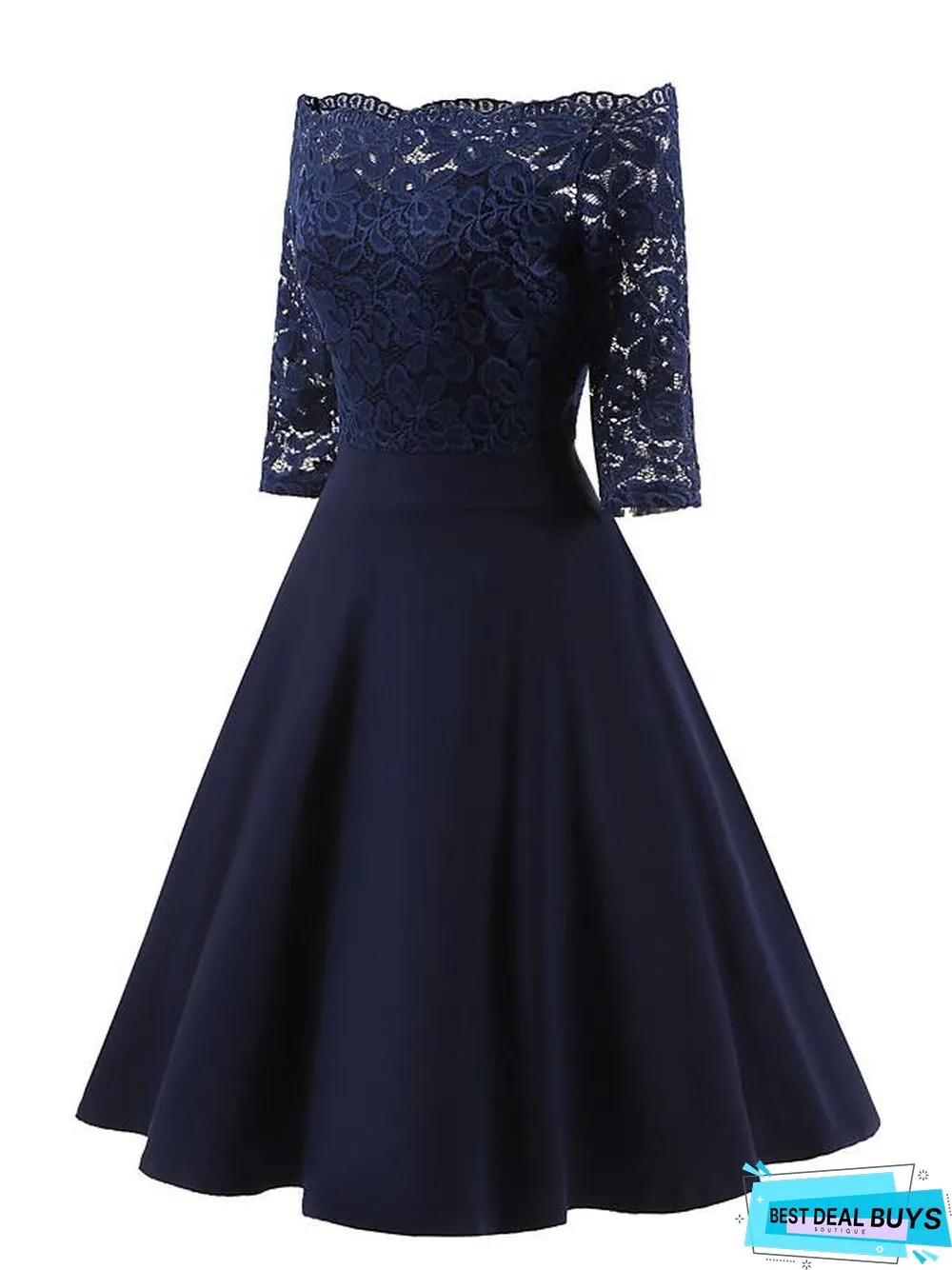 Women's Swing Dress Knee Length Dress 3/4 Length Sleeve Solid Color Lace Patchwork Fall Spring Elegant Sexy Wine Dusty Blue