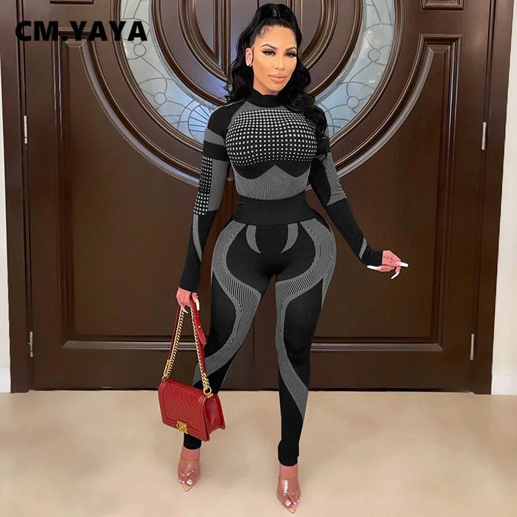 CM.YAYA Autumn Women's Set Long Sleeve T-shirt and Legging Sweatsuit Sport Tracksuit Two Piece Set Fitness Outfits Gym Yoga Suit