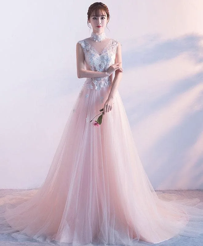 Pink High Neck Lace Long Prom Dress, Pink Evening Dress