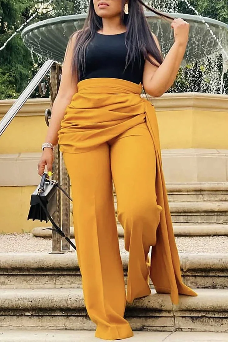 Plus Size Business Casual Yellow Fold Straight Leg Pants [Pre-Order]