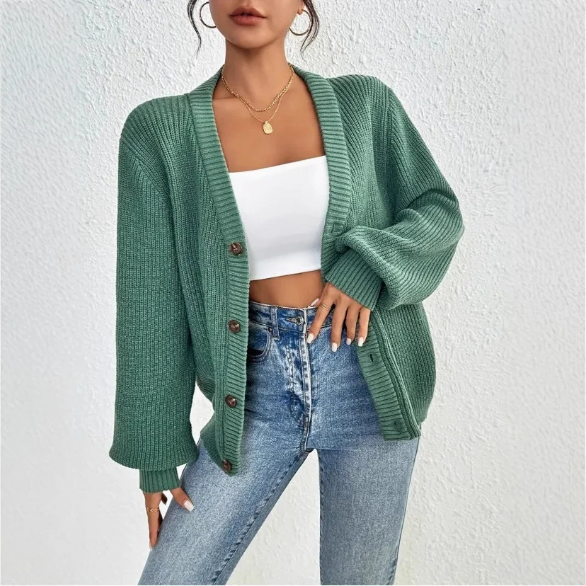 Athvotar Athvotar 2025 New Fashion Lace V-Neck Sweater Solid Color Loose Long-Sleeved Knitwear Shirt