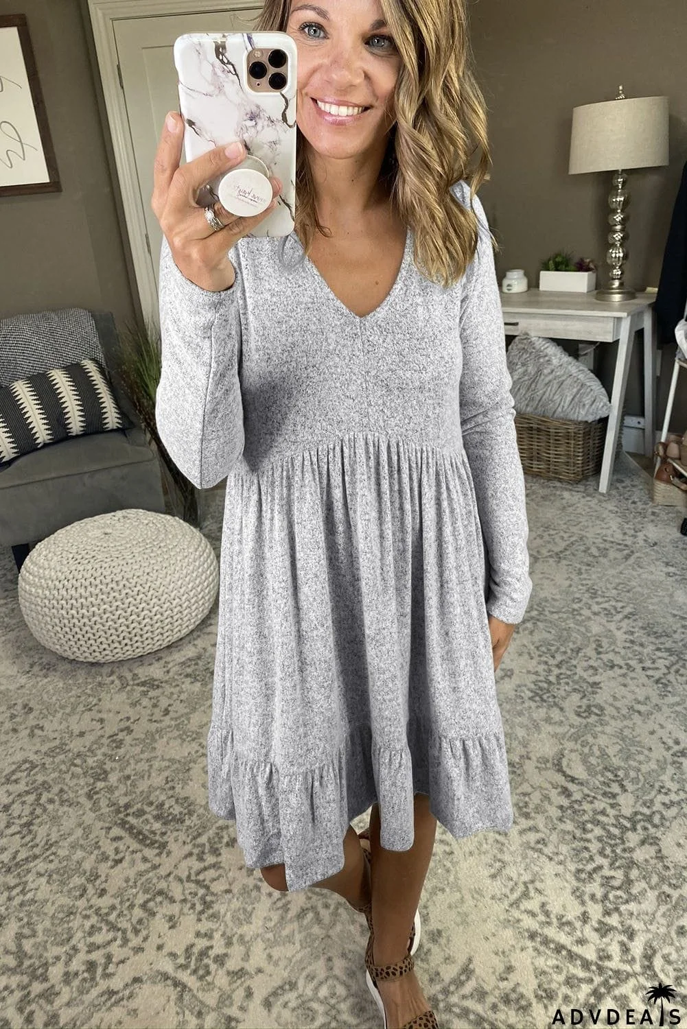 Brushed Fleece Long Sleeve Ruffle Mini Dress