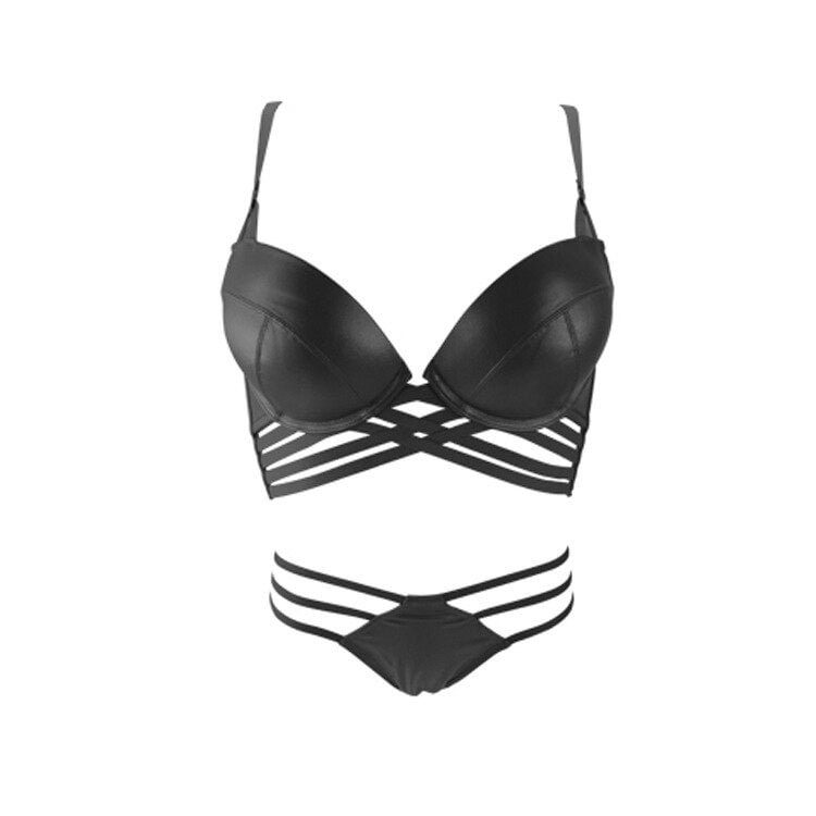 Ladies sexy lingerie set new style large size bra and briefs set PU leather nightclub underwear thin super push up bralette