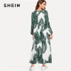 SHEIN Multicolor Tropical Print Bishop Sleeve Smock Dress Modest High Waist Round Neck Long Sleeve 2019 Spring Abaya Dresses
