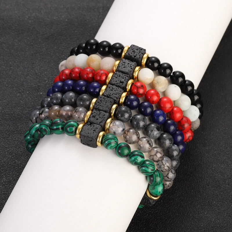 New Lava Cube Volcanic Stone Bracelet Men’s Colorful Marble Glass Beads Retro Bracelet