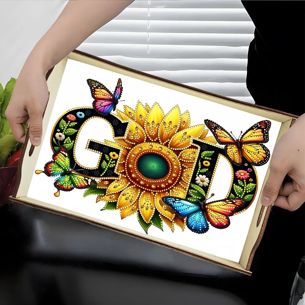 5D DIY God Diamond Painting Wooden Serving Tray with Handle for Coffee Table