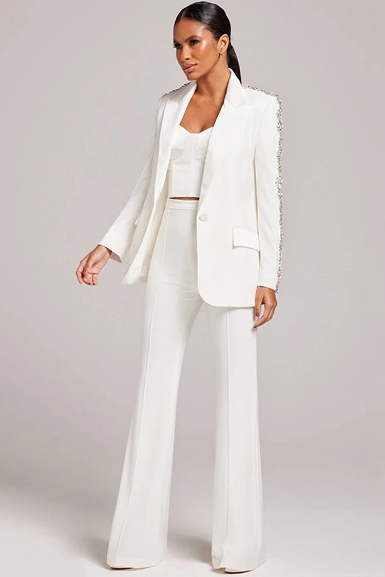 Rhinestone Trim One Button Blazer Two Piece Pant Suit-White